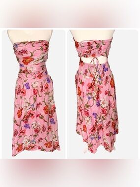 En Saison Pink Floral Strapless Cottagecore Garden Party Cutout Midi Dress Sz S